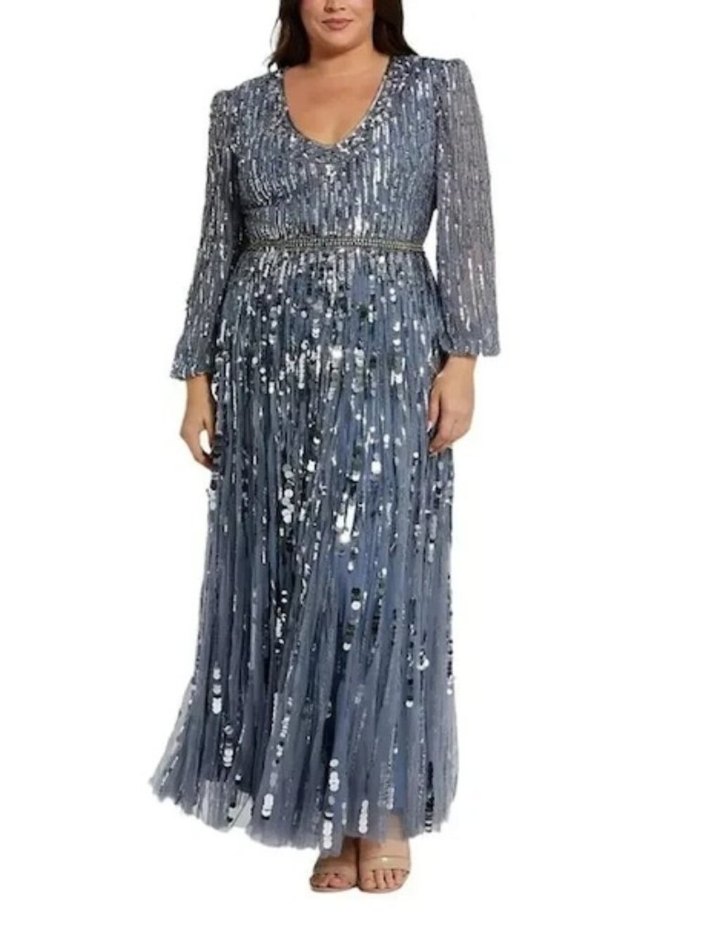 Mac Duggal Slate Blue Long Sleeve Beaded Crystal Deep V Neck Gown